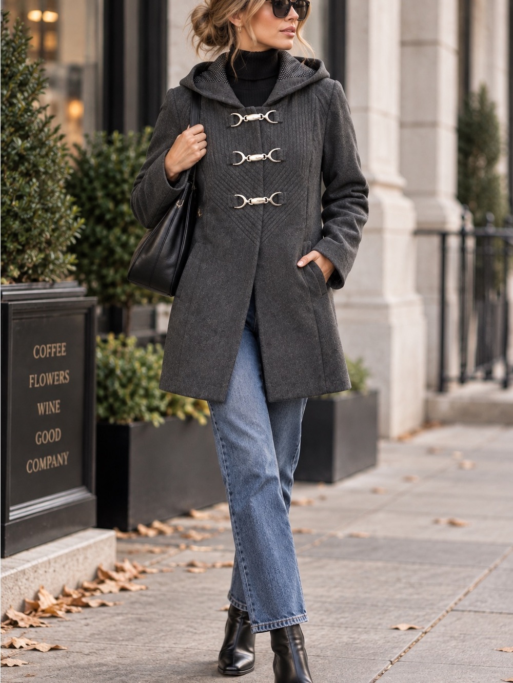 Tulle Wool Blend Hooded Toggle Coat Charcoal Dark Academia Quiet Luxury, M